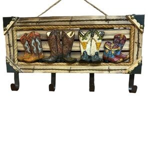 Western Rustic Cowboy Boots Hanger Wooden Entranceway Coat/Key Rack